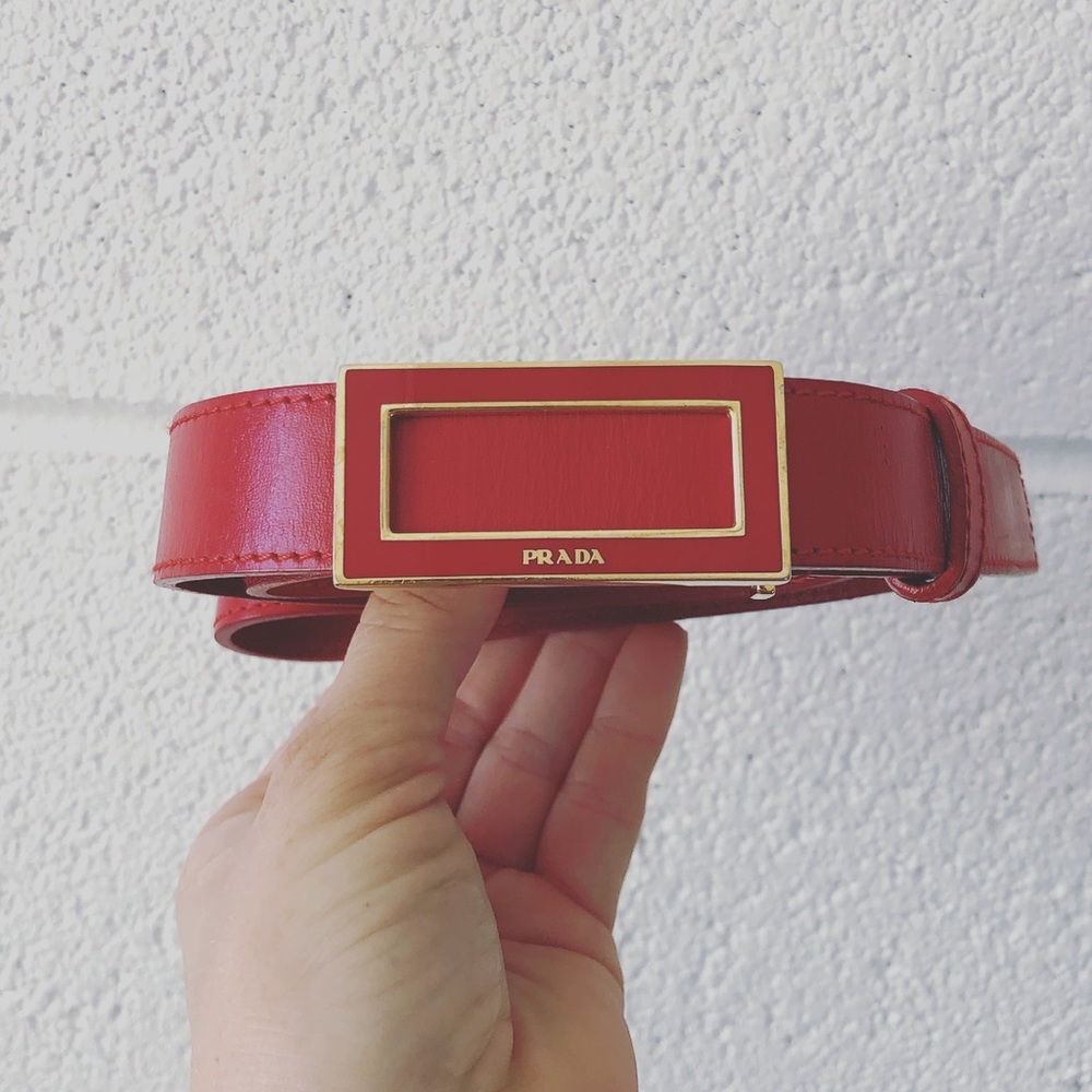 PRADA vintage red and gold leather belt 38 1/2”